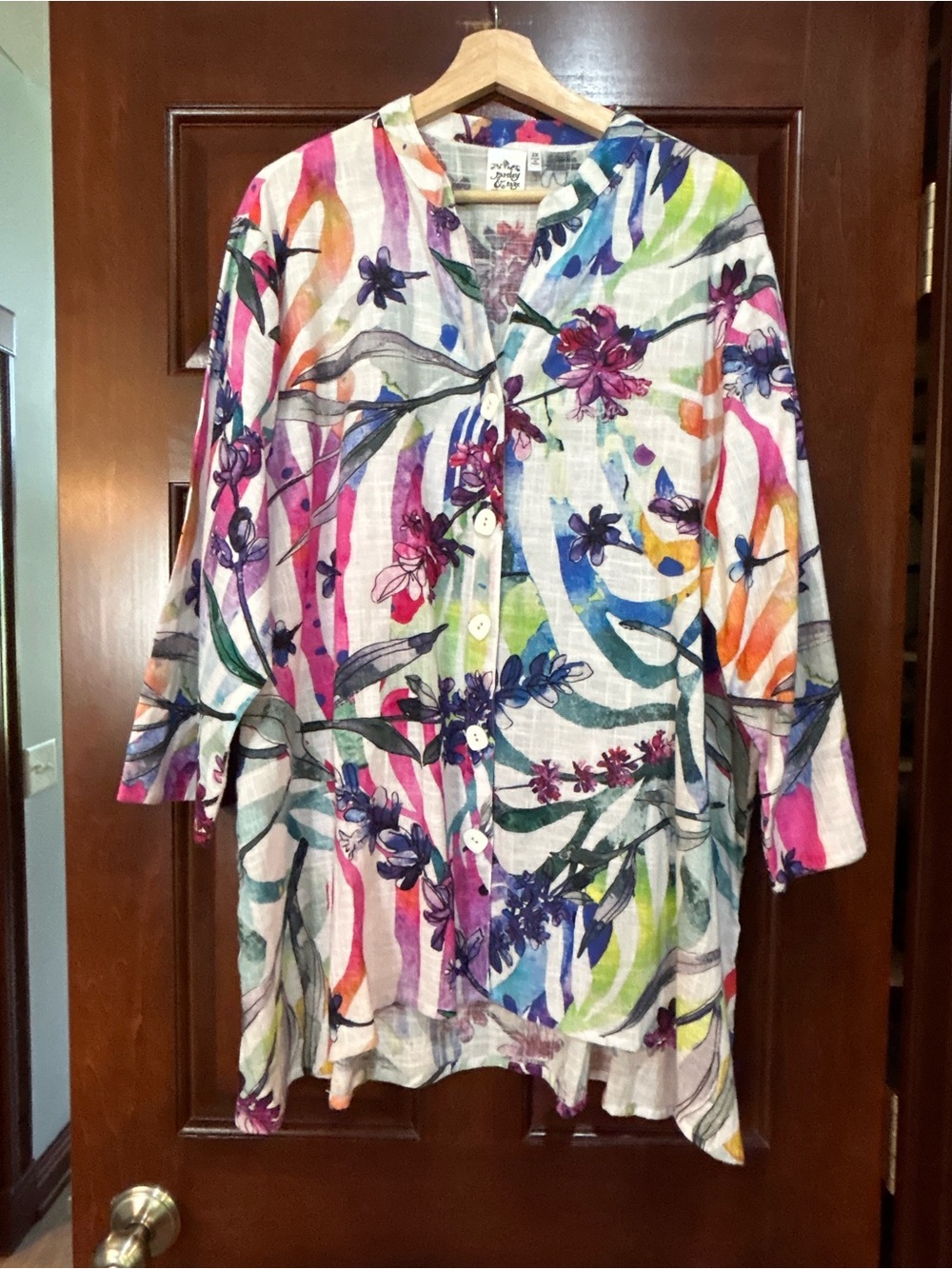Parsley & Sage 2X Colorful Floral Cotton Button Front Tunic Blouse